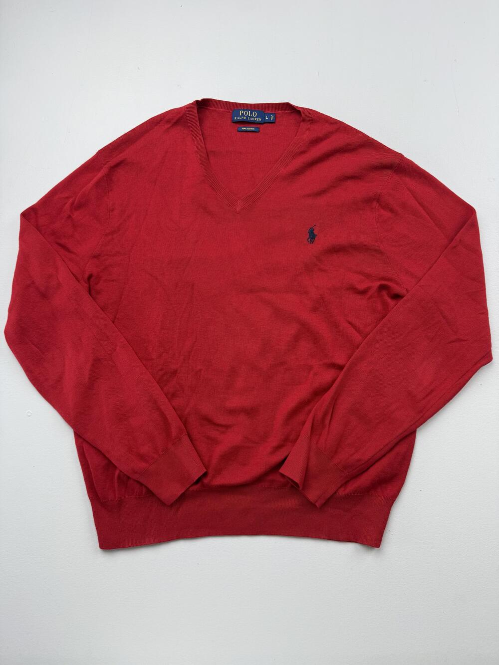 Polo Ralph Lauren Sweater Mens Large Red V Neck Pima Cotton Knit Pullover Logo